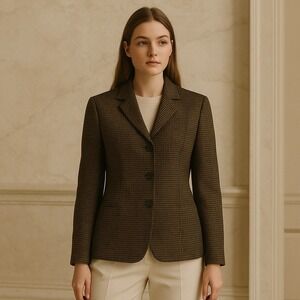 Liz Claiborne Collection Wool Blazer Women's Sz 8 Brown Houndstooth Y2K Academia
